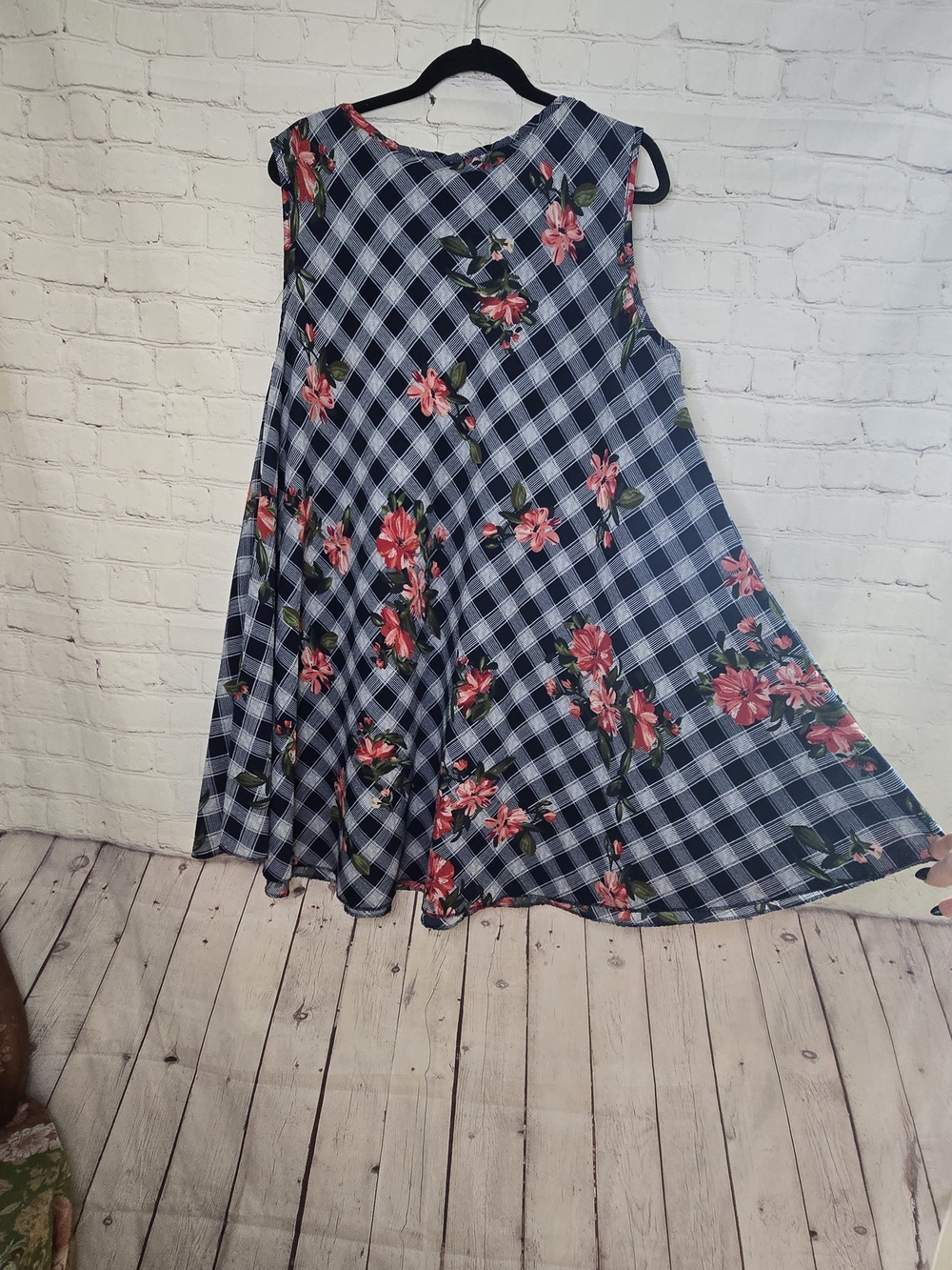 Checker Floral Sleeveless Mini Dress in Navy and Pink